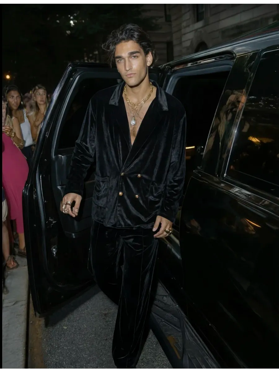 Noir Velvet Double-Breasted Co-ord Set | Men's Luxury Velvet Blazer & Wide-Leg Pajama Set