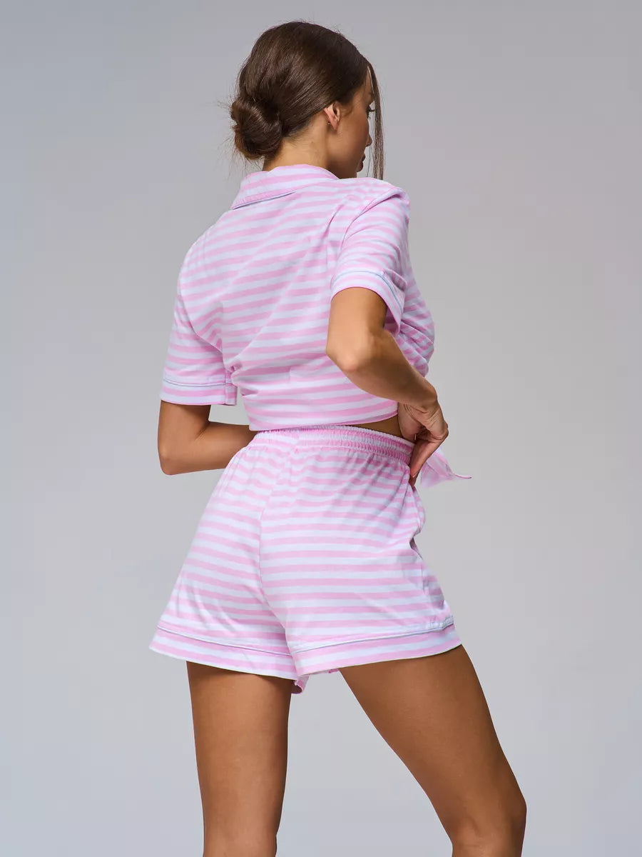 Shorts Set Pink Lateral Stripes 100% Cotton - Bella Babe by SK Nightsuit-Nightdress-Robes-Silk-Satin-Nighty-Gown-Nightwear-Shorts-Pajamas-Nightsuit-for-women-men-bathrobe-Satin-dress-cotton- 