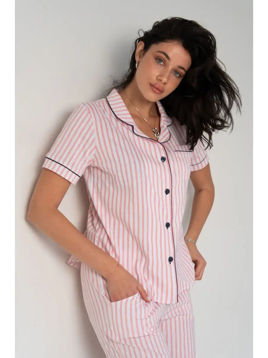 Loungewear Set Pink Stripe Contrast Piping - Bella Babe by SK Nightsuit-Nightdress-Robes-Silk-Satin-Nighty-Gown-Nightwear-Shorts-Pajamas-Nightsuit-for-women-men-bathrobe-Satin-dress-cotton- 