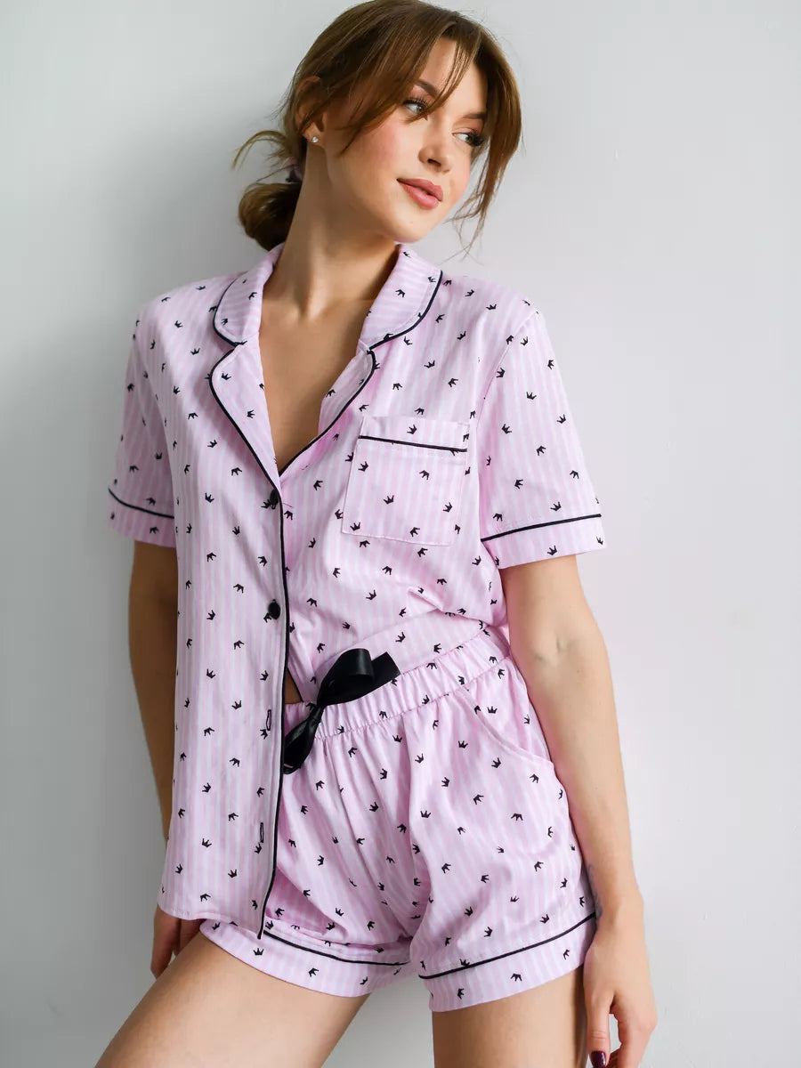 Shorts Set Pink with Print - Bella Babe by SK Nightsuit-Nightdress-Robes-Silk-Satin-Nighty-Gown-Nightwear-Shorts-Pajamas-Nightsuit-for-women-men-bathrobe-Satin-dress-cotton- 