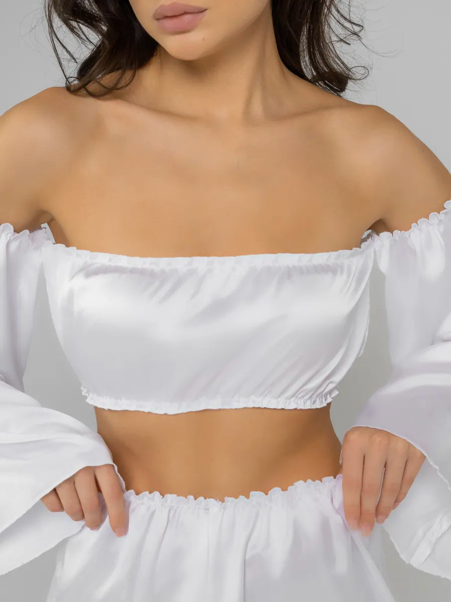 Angel Sleeve Satin Co-ord Set | Off-Shoulder Crop Top & Flowy Shorts | Black & White Party Set for Women