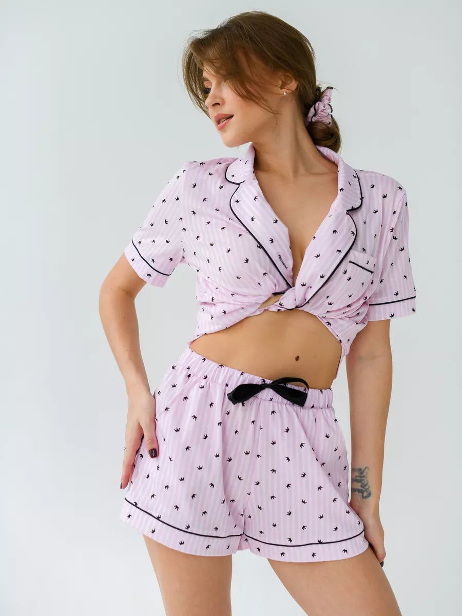 Shorts Set Pink with Print - Bella Babe by SK Nightsuit-Nightdress-Robes-Silk-Satin-Nighty-Gown-Nightwear-Shorts-Pajamas-Nightsuit-for-women-men-bathrobe-Satin-dress-cotton- 