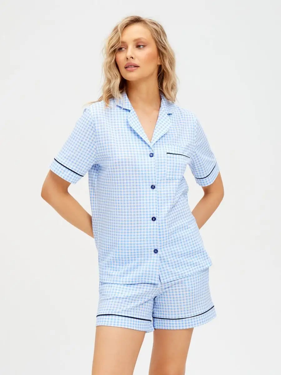 Shorts Set Sky Checkered 100% Cotton - Bella Babe by SK Nightsuit-Nightdress-Robes-Silk-Satin-Nighty-Gown-Nightwear-Shorts-Pajamas-Nightsuit-for-women-men-bathrobe-Satin-dress-cotton- 