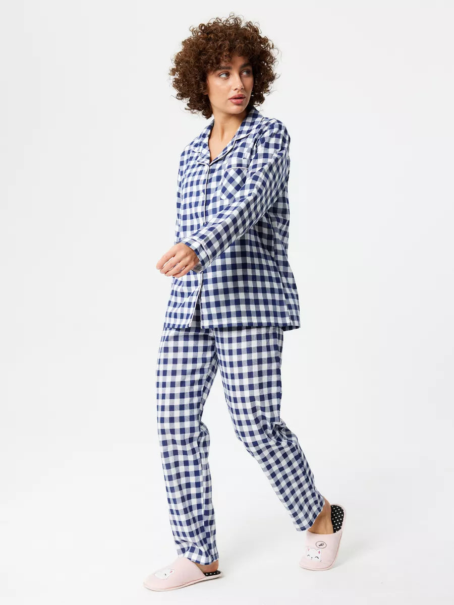 Loungewear Set Blue Checkered 100% Cotton - Bella Babe by SK Nightsuit-Nightdress-Robes-Silk-Satin-Nighty-Gown-Nightwear-Shorts-Pajamas-Nightsuit-for-women-men-bathrobe-Satin-dress-cotton- 