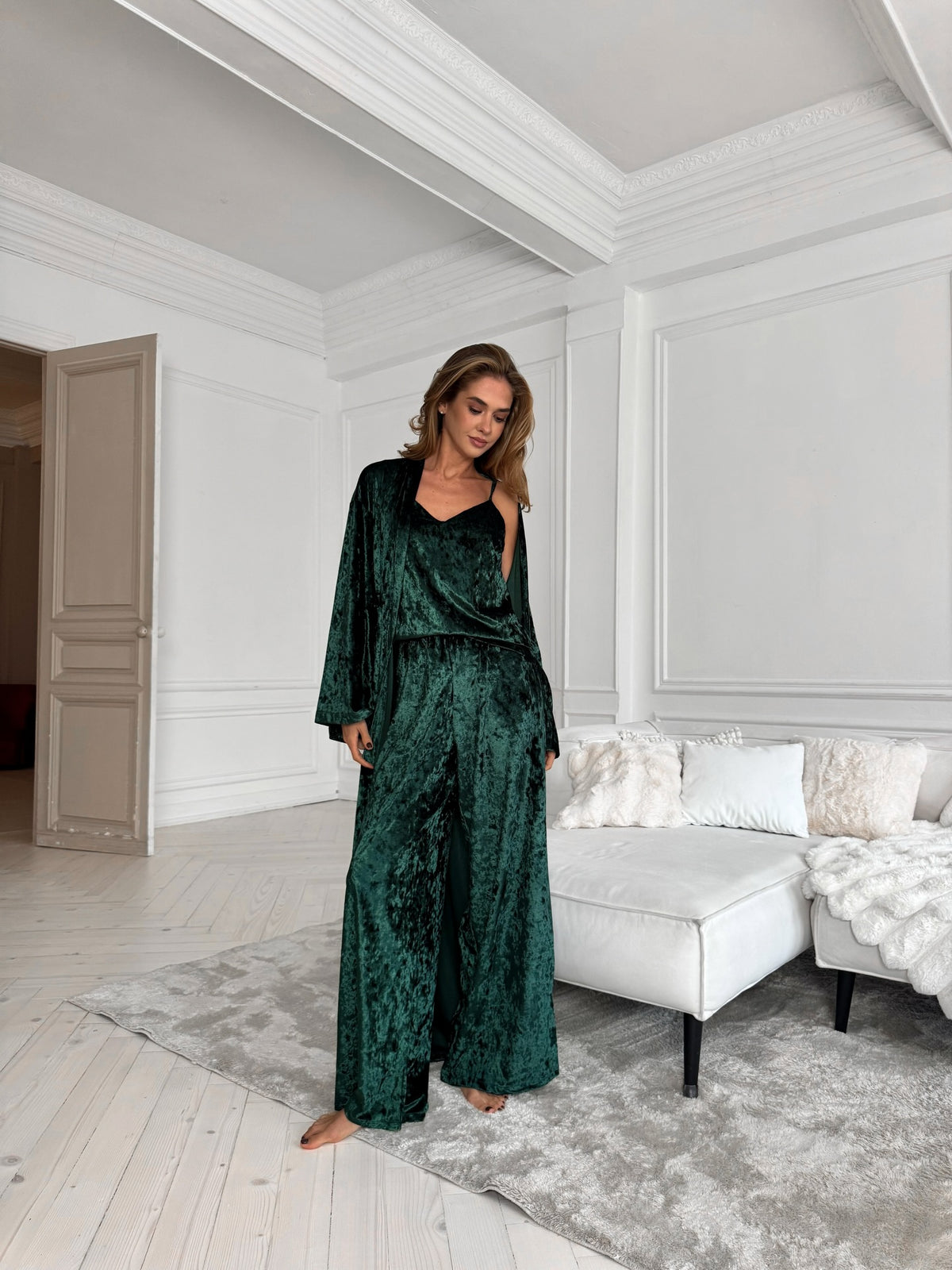 Italian Velvet 3 Piece Night Suit Set: Camisole, Pants & Robe