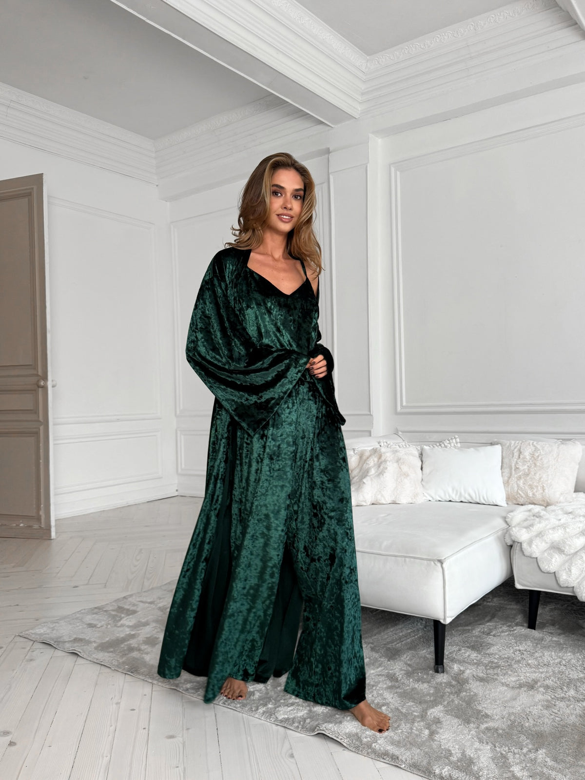 Italian Velvet 3 Piece Night Suit Set: Camisole, Pants & Robe