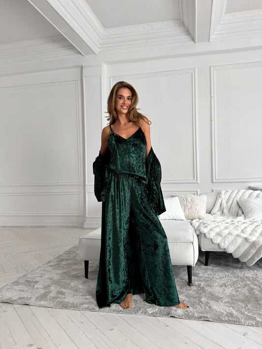 Italian Velvet 3 Piece Night Suit Set: Camisole, Pants & Robe