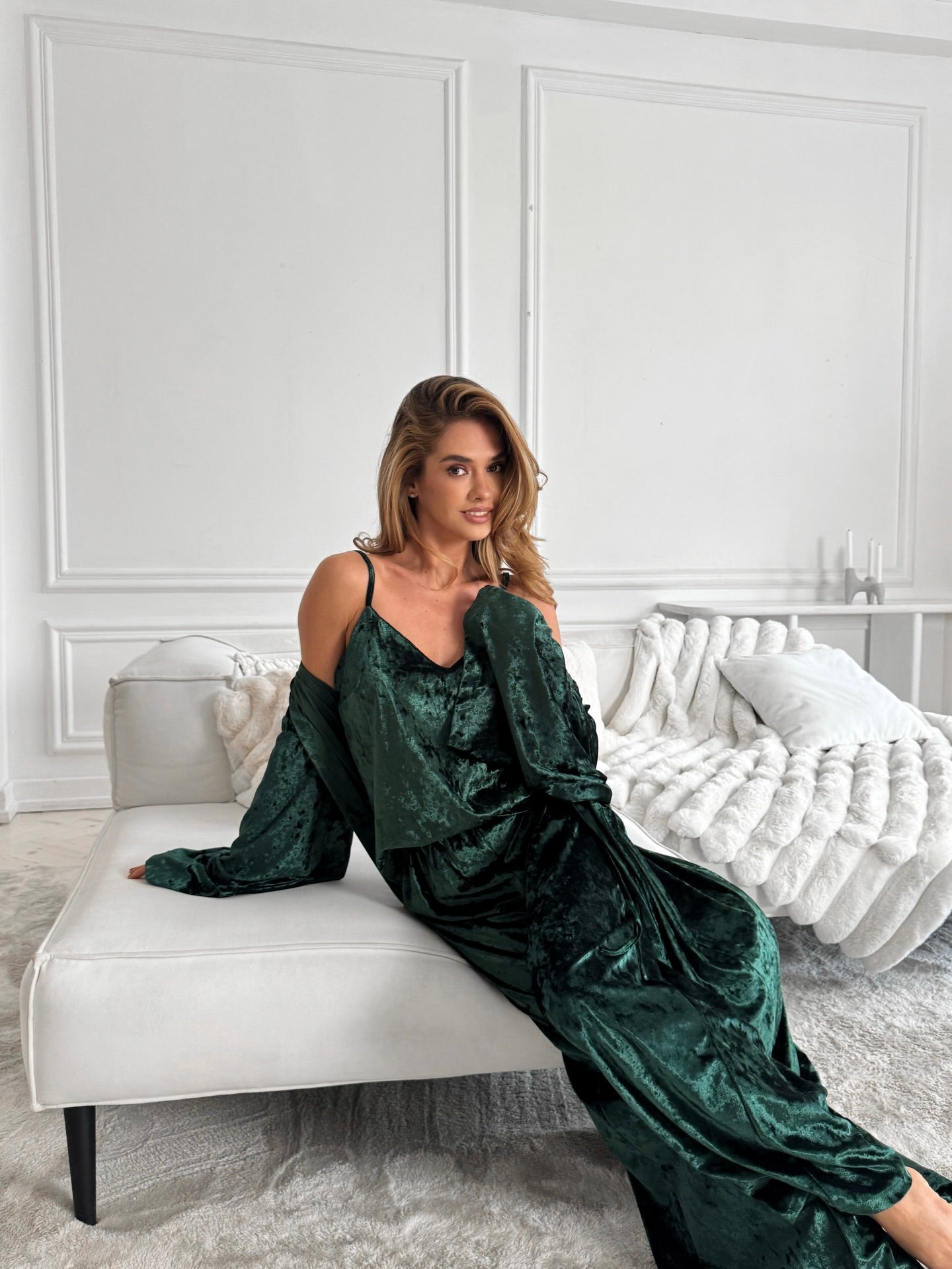 Italian Velvet 3 Piece Night Suit Set: Camisole, Pants & Robe