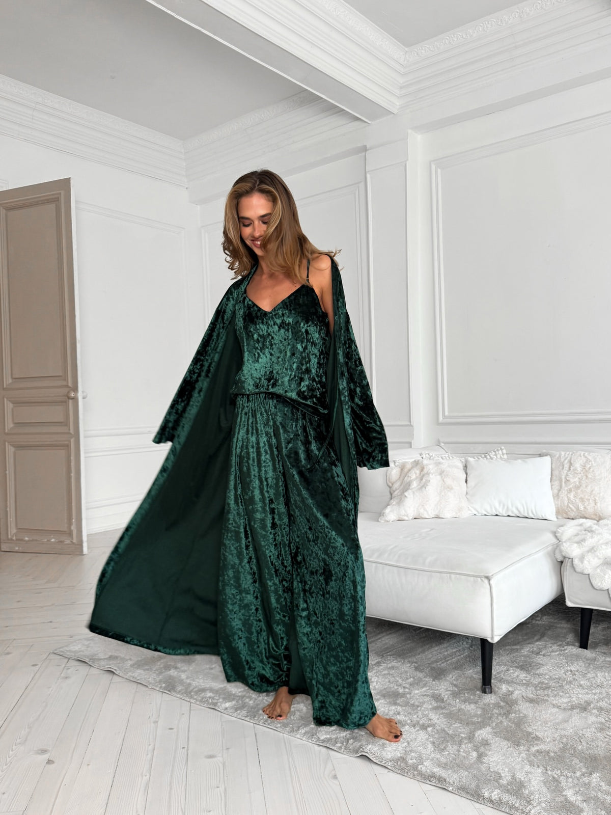 Italian Velvet 3 Piece Night Suit Set: Camisole, Pants & Robe