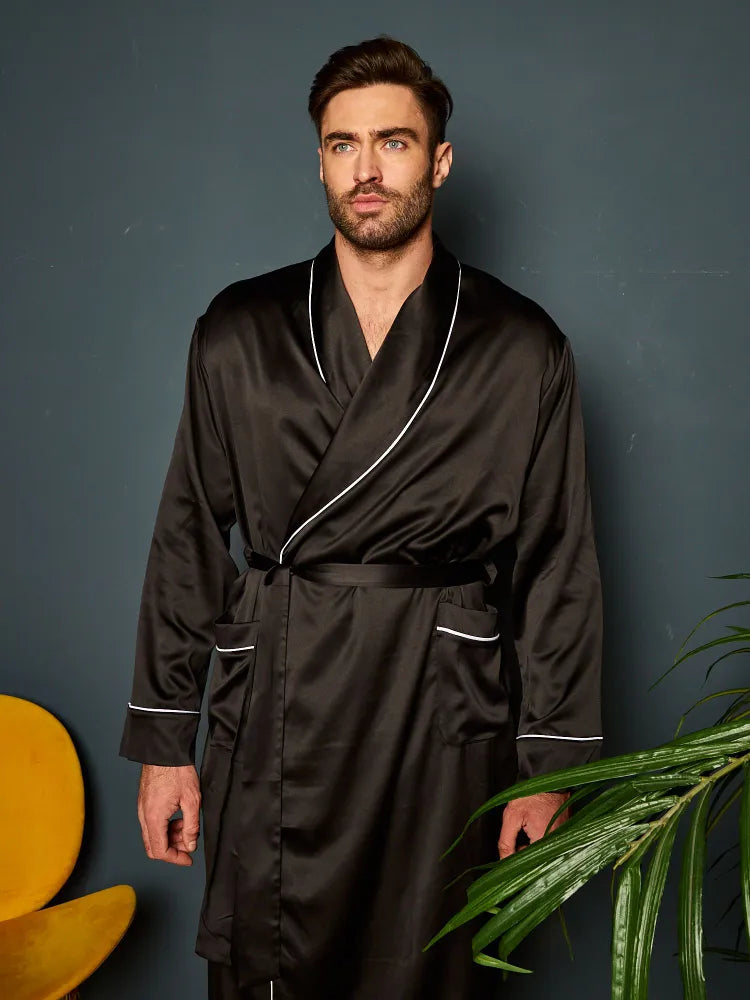 Black satin dressing gown best sale