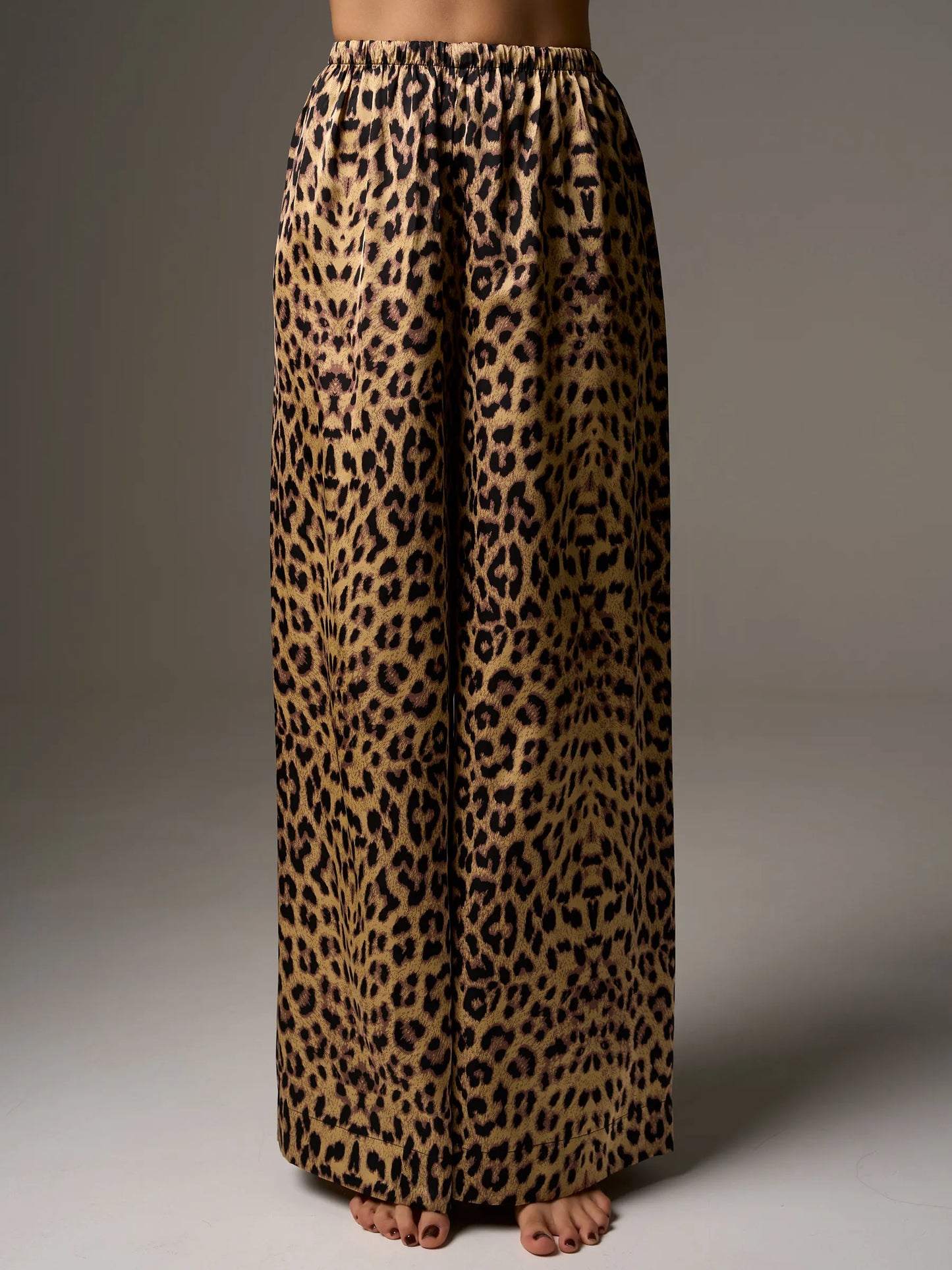 Leopard Print Satin Camisole & Wide Leg Pants Set | Tie-Front Wrap Top Co-ord | Sexy Satin Lounge Set for Women