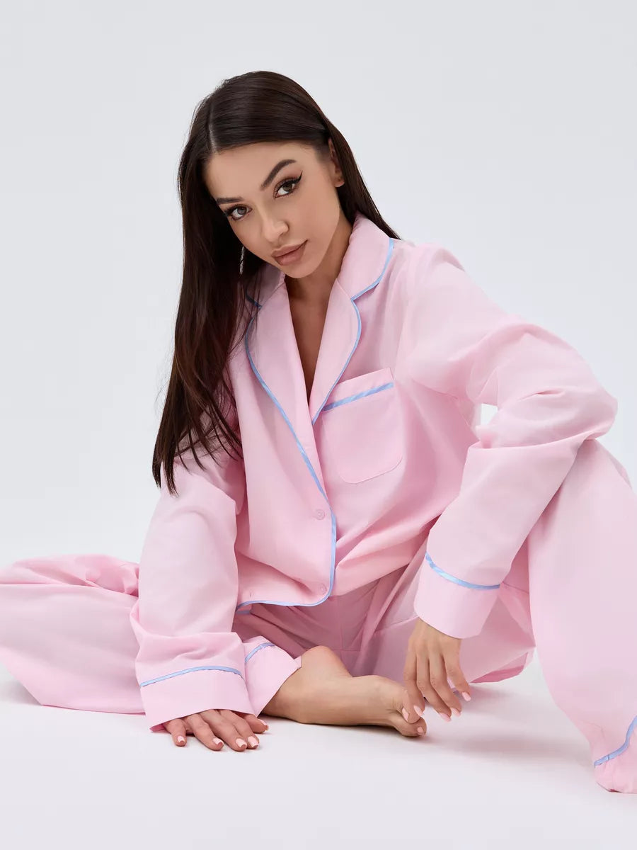 Relaxed Fit Cotton PJs in Pink with Aqua Piping - Bella Babe by SK Nightsuit-Nightdress-Robes-Silk-Satin-Nighty-Gown-Nightwear-Shorts-Pajamas-Nightsuit-for-women-men-bathrobe-Satin-dress-cotton- 