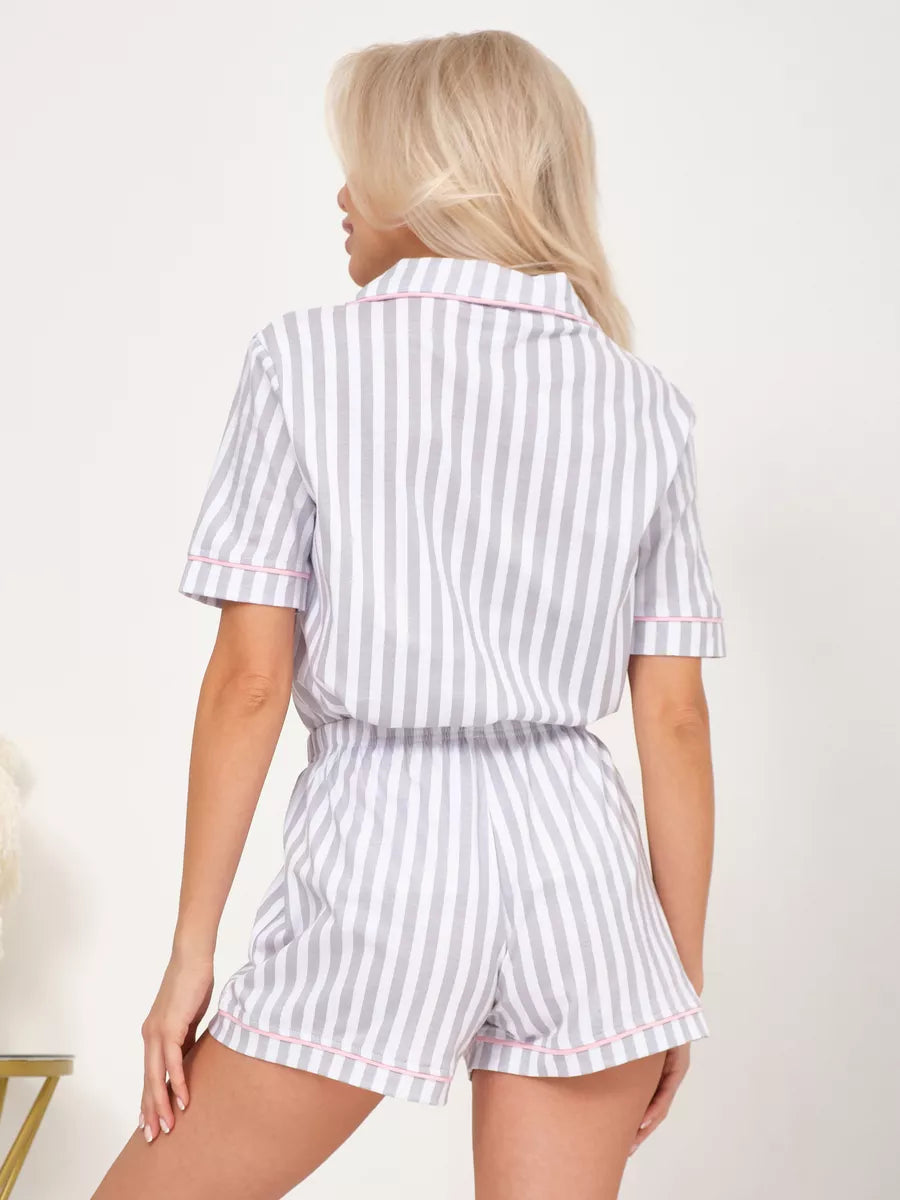 Shorts Set Grey Stripes 100% Cotton - Bella Babe by SK Nightsuit-Nightdress-Robes-Silk-Satin-Nighty-Gown-Nightwear-Shorts-Pajamas-Nightsuit-for-women-men-bathrobe-Satin-dress-cotton- 