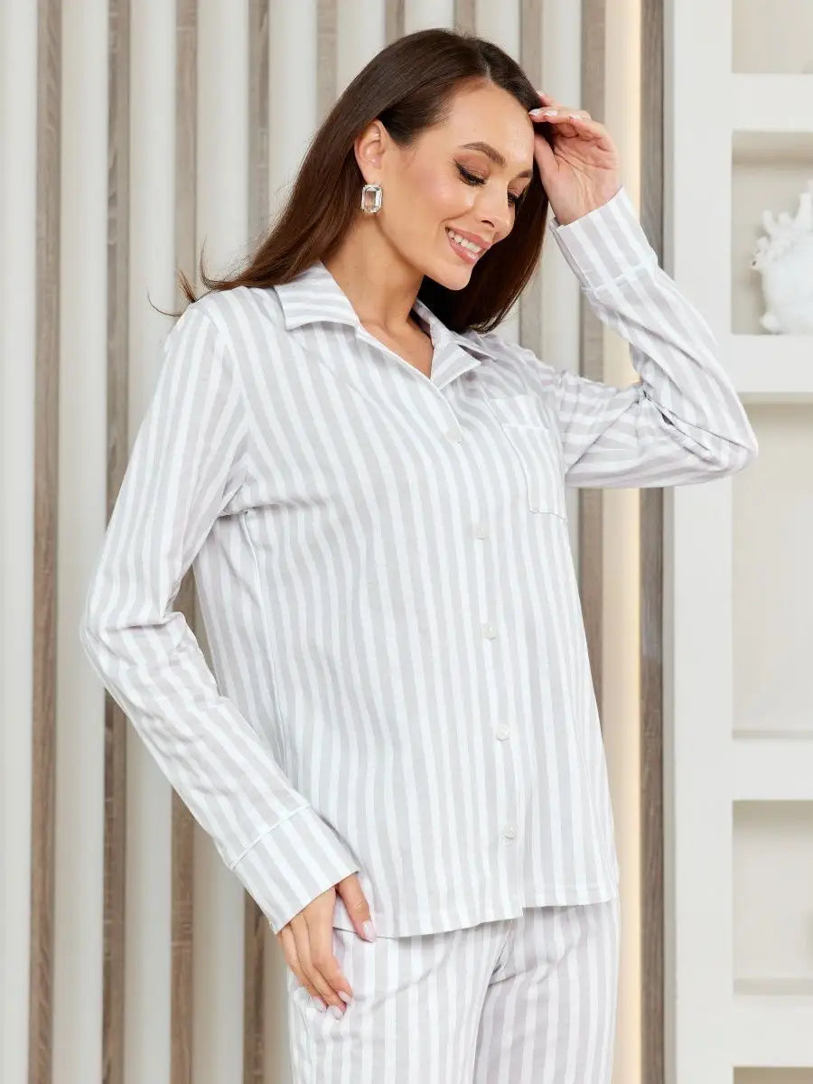 Loungewear Set Full Sleeve Grey Stripe 100% Cotton - Bella Babe by SK Nightsuit-Nightdress-Robes-Silk-Satin-Nighty-Gown-Nightwear-Shorts-Pajamas-Nightsuit-for-women-men-bathrobe-Satin-dress-cotton- 