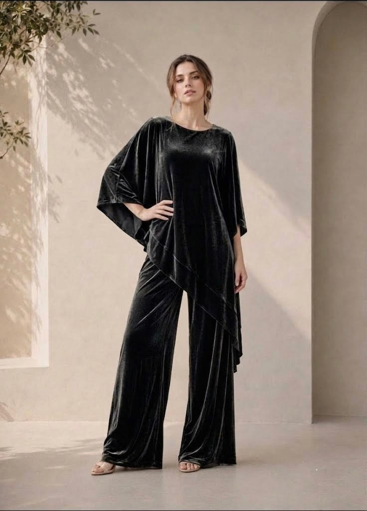 Italian Velvet Co-ord Set for Women: Asymmetric Top & Wide Leg Pants