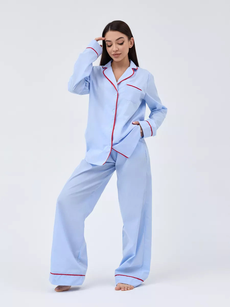 Relaxed Fit Cotton PJs in Blue with Red Piping - Bella Babe by SK Nightsuit-Nightdress-Robes-Silk-Satin-Nighty-Gown-Nightwear-Shorts-Pajamas-Nightsuit-for-women-men-bathrobe-Satin-dress-cotton- 