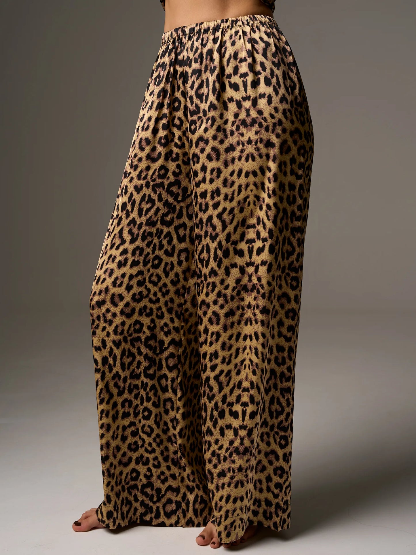 Leopard Print Satin Camisole & Wide Leg Pants Set | Tie-Front Wrap Top Co-ord | Sexy Satin Lounge Set for Women