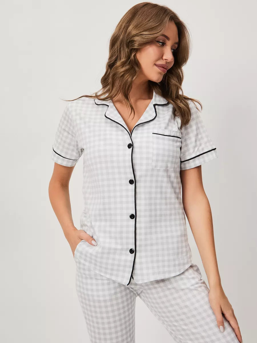 Loungewear Set Grey Checkered 100% Cotton - Bella Babe by SK Nightsuit-Nightdress-Robes-Silk-Satin-Nighty-Gown-Nightwear-Shorts-Pajamas-Nightsuit-for-women-men-bathrobe-Satin-dress-cotton- 