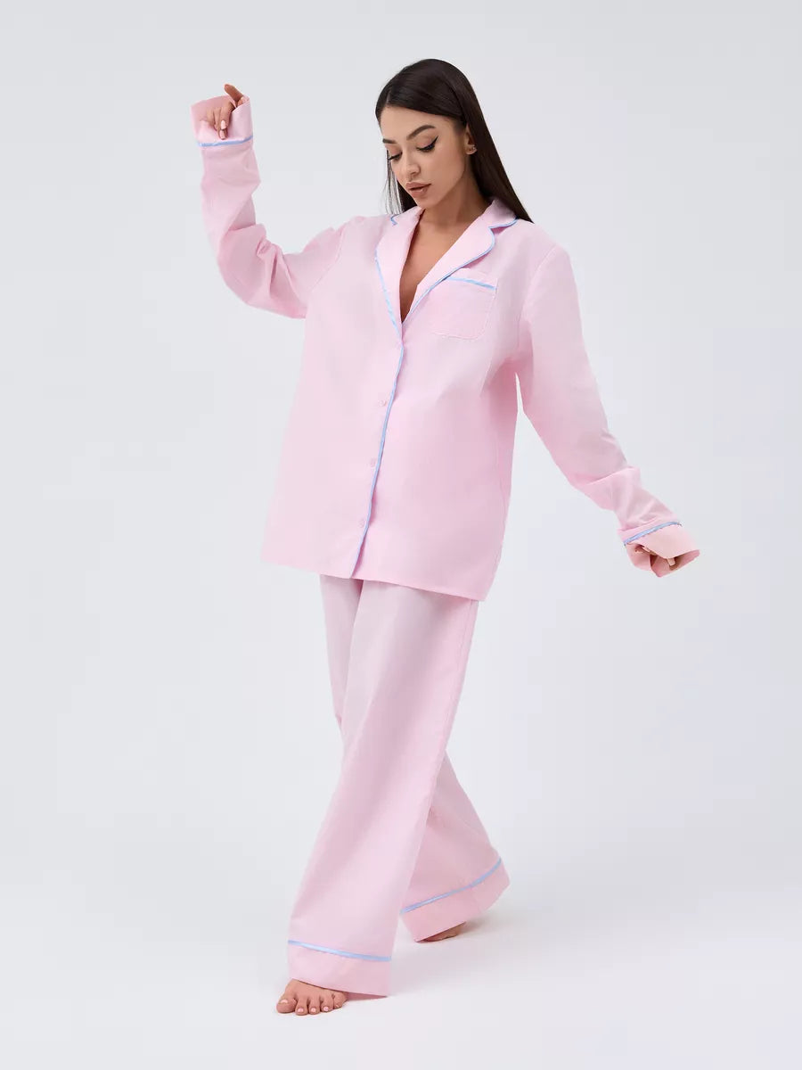 Relaxed Fit Cotton PJs in Pink with Aqua Piping - Bella Babe by SK Nightsuit-Nightdress-Robes-Silk-Satin-Nighty-Gown-Nightwear-Shorts-Pajamas-Nightsuit-for-women-men-bathrobe-Satin-dress-cotton- 