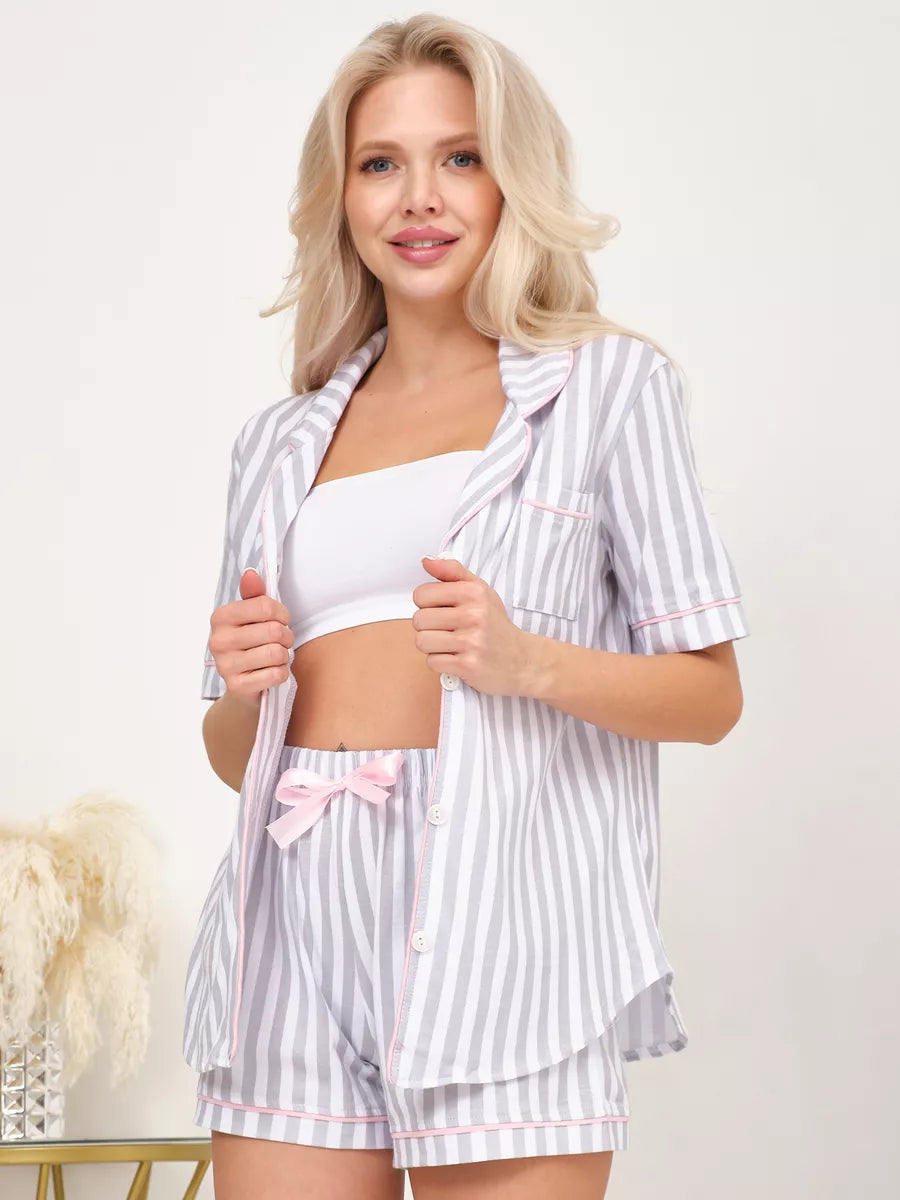 Shorts Set Grey Stripes 100% Cotton - Bella Babe by SK Nightsuit-Nightdress-Robes-Silk-Satin-Nighty-Gown-Nightwear-Shorts-Pajamas-Nightsuit-for-women-men-bathrobe-Satin-dress-cotton- 