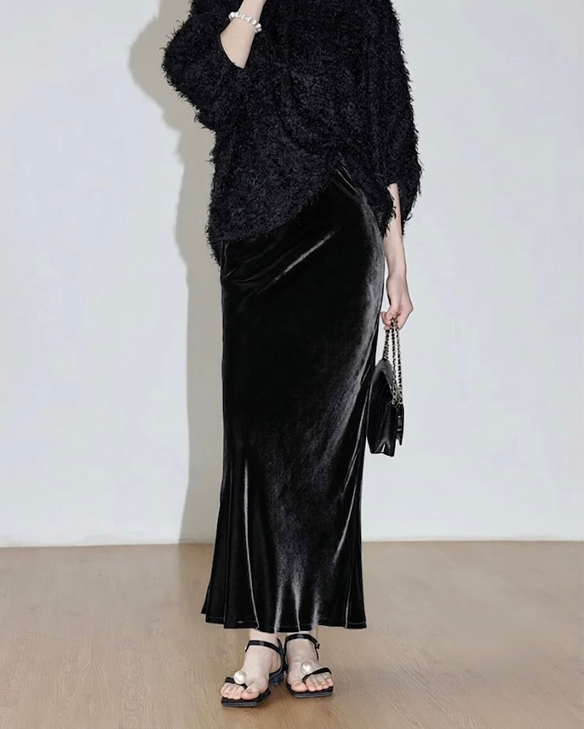Italian Velvet Maxi Skirt for Women, Stretch Long Skirt, Black