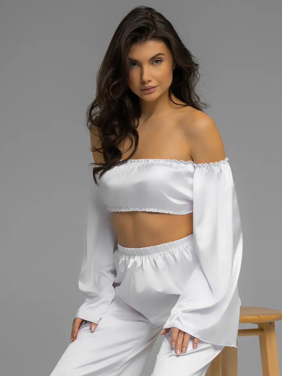 Angel Sleeve Satin Co-ord Set | Off-Shoulder Crop Top & Wide Leg Pants | Leopard, Pink, White & Black