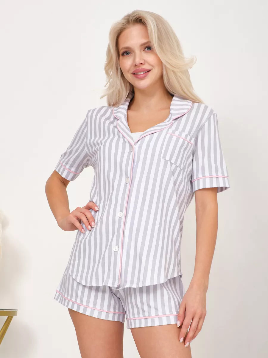 Shorts Set Grey Stripes 100% Cotton - Bella Babe by SK Nightsuit-Nightdress-Robes-Silk-Satin-Nighty-Gown-Nightwear-Shorts-Pajamas-Nightsuit-for-women-men-bathrobe-Satin-dress-cotton- 