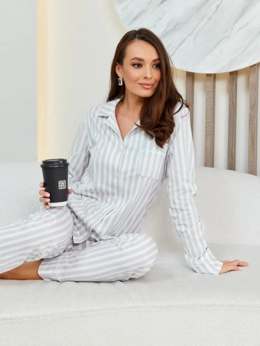 Loungewear Set Full Sleeve Grey Stripe 100% Cotton - Bella Babe by SK Nightsuit-Nightdress-Robes-Silk-Satin-Nighty-Gown-Nightwear-Shorts-Pajamas-Nightsuit-for-women-men-bathrobe-Satin-dress-cotton- 