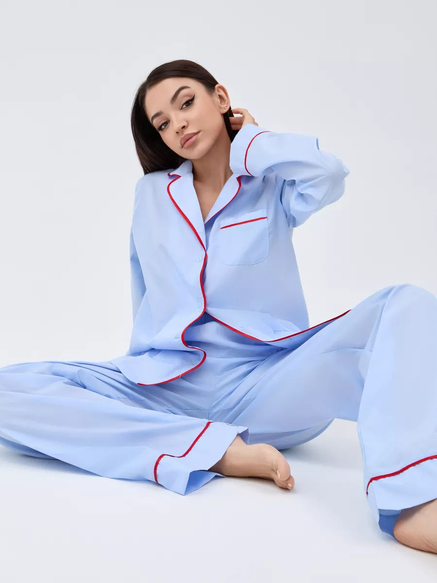 Relaxed Fit Cotton PJs in Blue with Red Piping - Bella Babe by SK Nightsuit-Nightdress-Robes-Silk-Satin-Nighty-Gown-Nightwear-Shorts-Pajamas-Nightsuit-for-women-men-bathrobe-Satin-dress-cotton- 