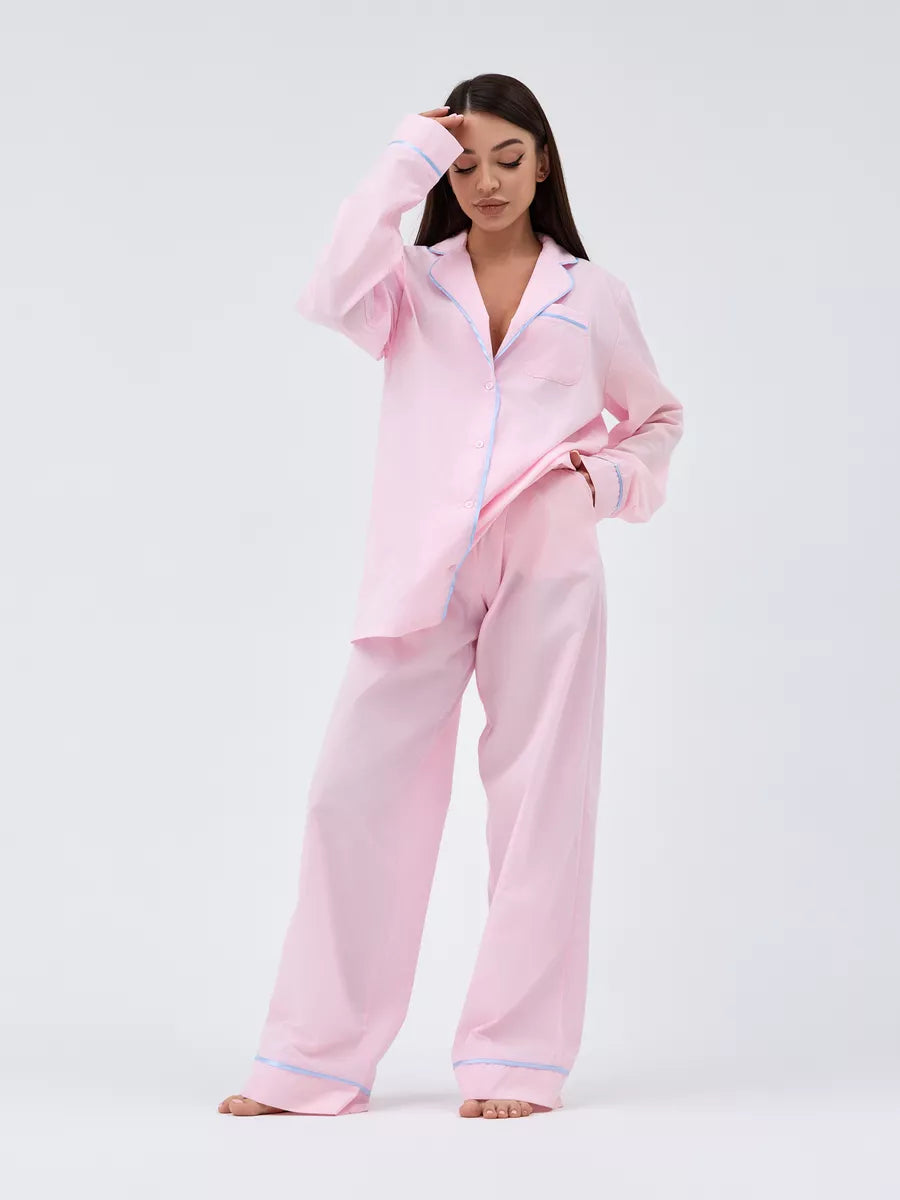 Relaxed Fit Cotton PJs in Pink with Aqua Piping - Bella Babe by SK Nightsuit-Nightdress-Robes-Silk-Satin-Nighty-Gown-Nightwear-Shorts-Pajamas-Nightsuit-for-women-men-bathrobe-Satin-dress-cotton- 