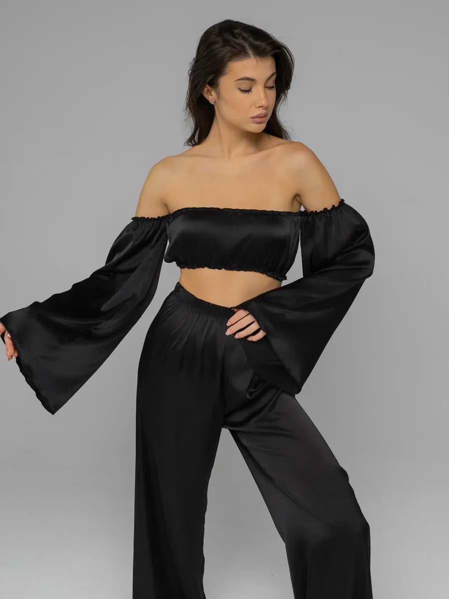 Angel Sleeve Satin Co-ord Set | Off-Shoulder Crop Top & Wide Leg Pants | Leopard, Pink, White & Black