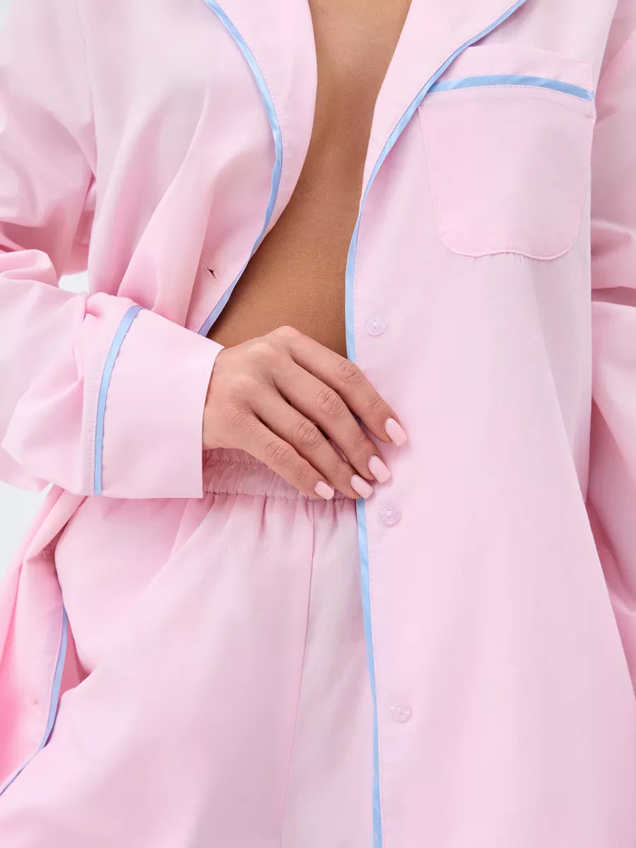 Relaxed Fit Cotton PJs in Pink with Aqua Piping - Bella Babe by SK Nightsuit-Nightdress-Robes-Silk-Satin-Nighty-Gown-Nightwear-Shorts-Pajamas-Nightsuit-for-women-men-bathrobe-Satin-dress-cotton- 