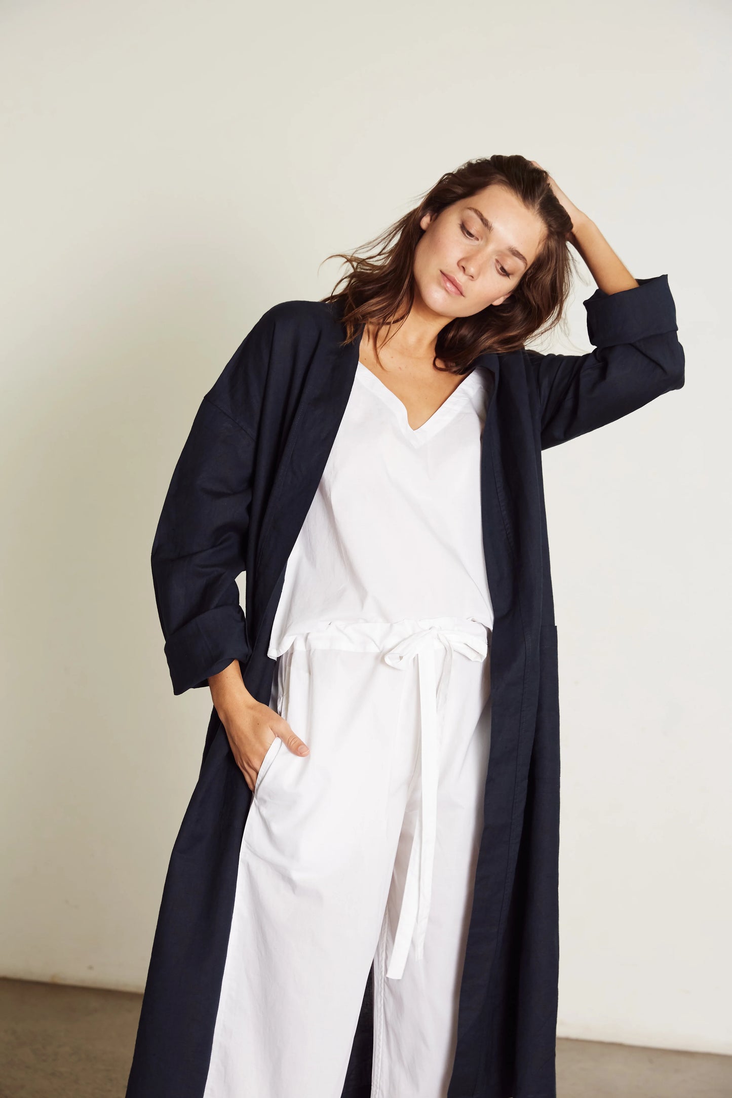 Linen Robe in Navy Blue - Bella Babe by SK Nightsuit-Nightdress-Robes-Silk-Satin-Nighty-Gown-Nightwear-Shorts-Pajamas-Nightsuit-for-women-men-bathrobe-Satin-dress-cotton- 