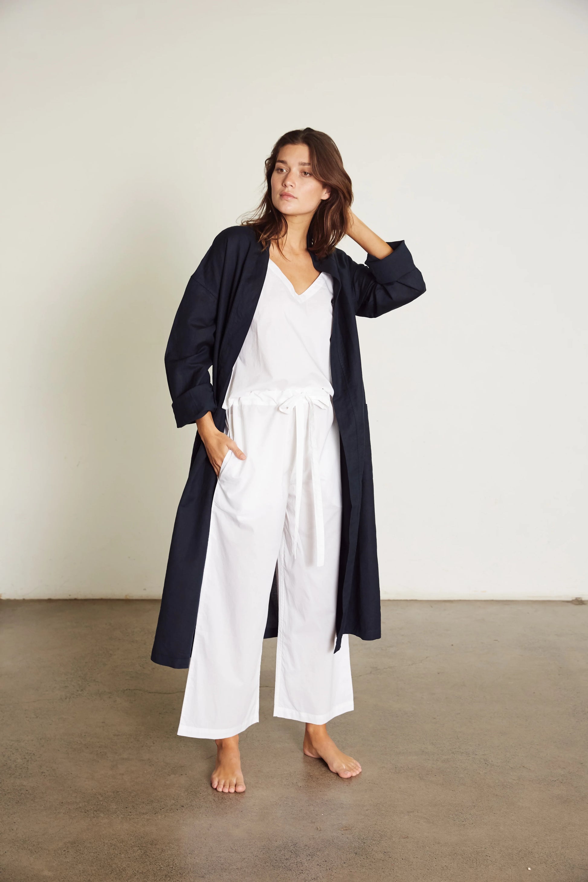 Linen Robe in Navy Blue - Bella Babe by SK Nightsuit-Nightdress-Robes-Silk-Satin-Nighty-Gown-Nightwear-Shorts-Pajamas-Nightsuit-for-women-men-bathrobe-Satin-dress-cotton- 