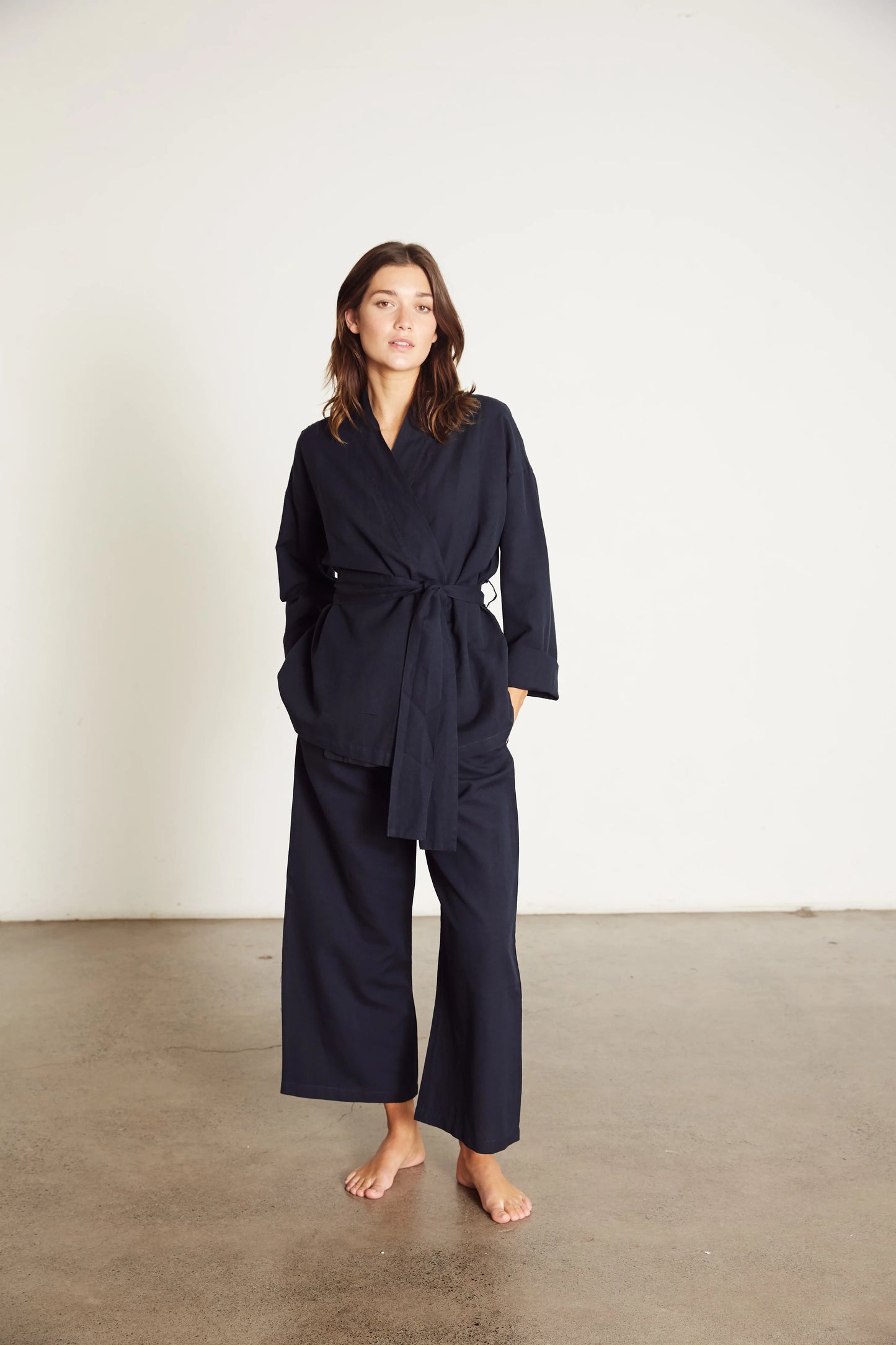 Linen Wrap Set with Pallazo in Navy Blue - Bella Babe by SK Nightsuit-Nightdress-Robes-Silk-Satin-Nighty-Gown-Nightwear-Shorts-Pajamas-Nightsuit-for-women-men-bathrobe-Satin-dress-cotton- 