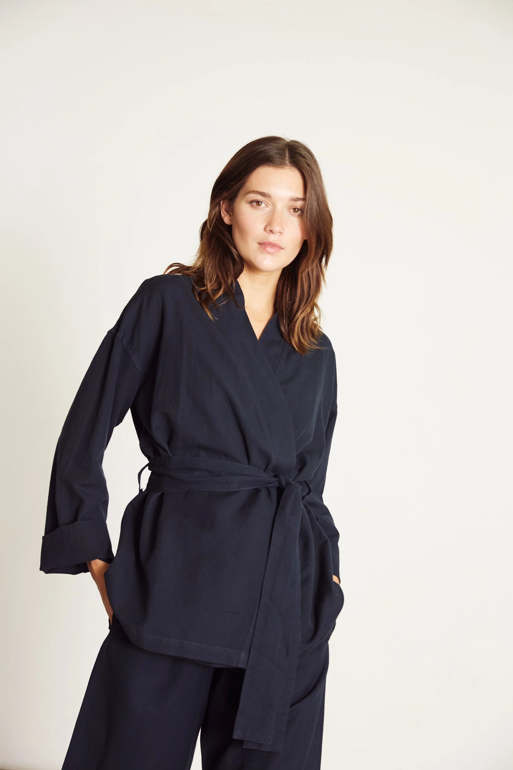 Linen Wrap Set with Pallazo in Navy Blue - Bella Babe by SK Nightsuit-Nightdress-Robes-Silk-Satin-Nighty-Gown-Nightwear-Shorts-Pajamas-Nightsuit-for-women-men-bathrobe-Satin-dress-cotton- 