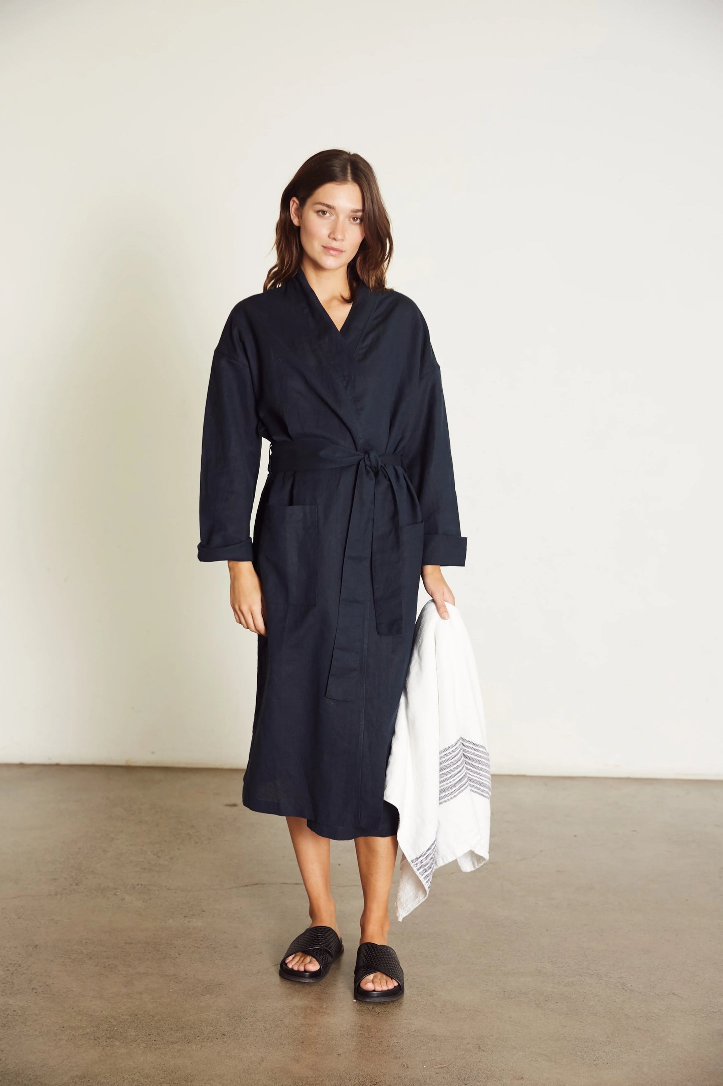 Linen Robe in Navy Blue - Bella Babe by SK Nightsuit-Nightdress-Robes-Silk-Satin-Nighty-Gown-Nightwear-Shorts-Pajamas-Nightsuit-for-women-men-bathrobe-Satin-dress-cotton- 