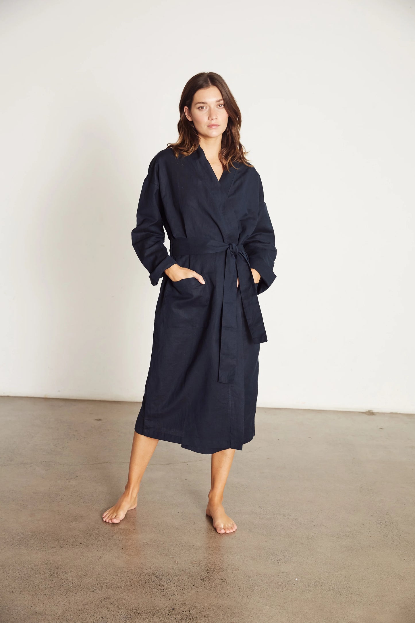 Linen Robe in Navy Blue - Bella Babe by SK Nightsuit-Nightdress-Robes-Silk-Satin-Nighty-Gown-Nightwear-Shorts-Pajamas-Nightsuit-for-women-men-bathrobe-Satin-dress-cotton- 