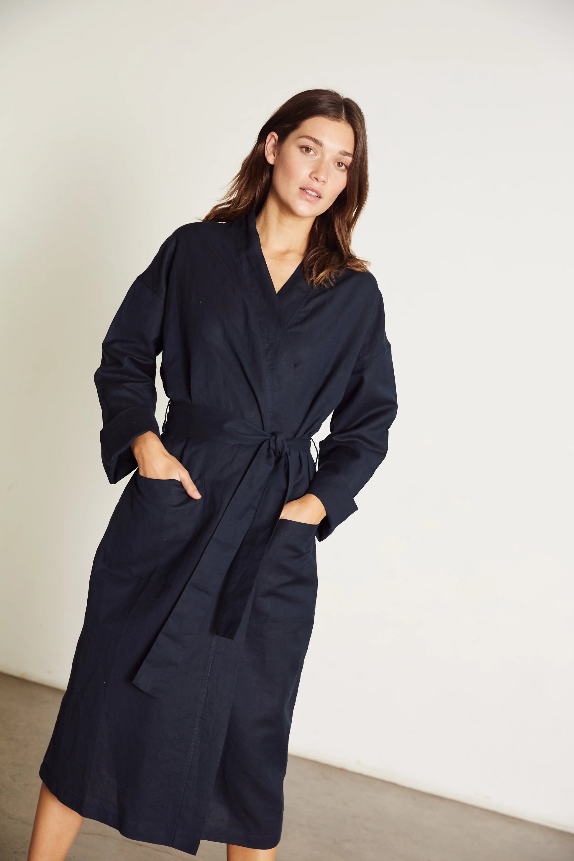 Linen Robe in Navy Blue - Bella Babe by SK Nightsuit-Nightdress-Robes-Silk-Satin-Nighty-Gown-Nightwear-Shorts-Pajamas-Nightsuit-for-women-men-bathrobe-Satin-dress-cotton- 