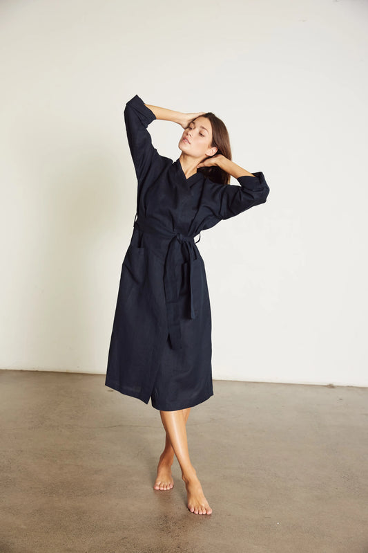 Linen Robe in Navy Blue.