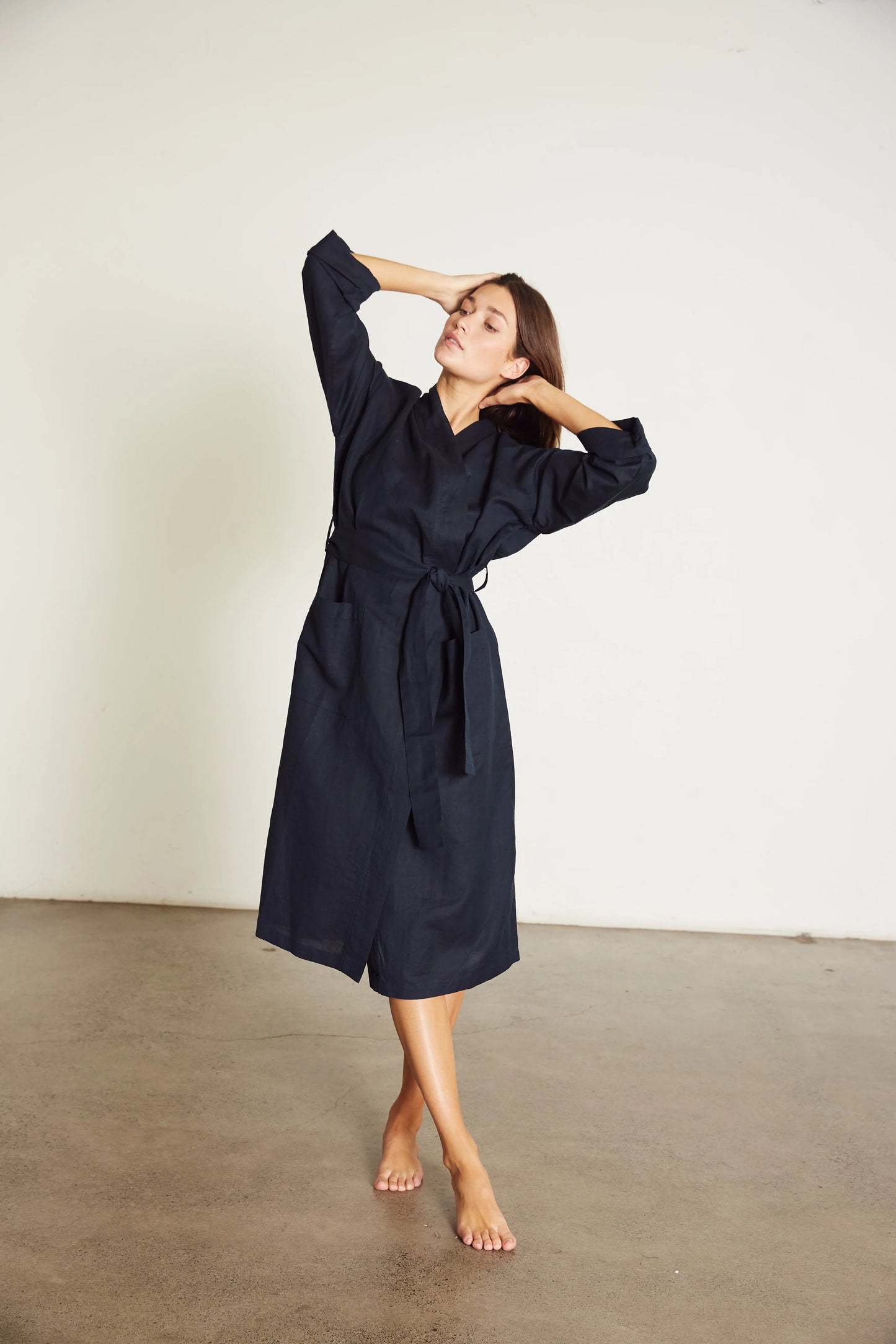 Linen Robe in Navy Blue - Bella Babe by SK Nightsuit-Nightdress-Robes-Silk-Satin-Nighty-Gown-Nightwear-Shorts-Pajamas-Nightsuit-for-women-men-bathrobe-Satin-dress-cotton- 