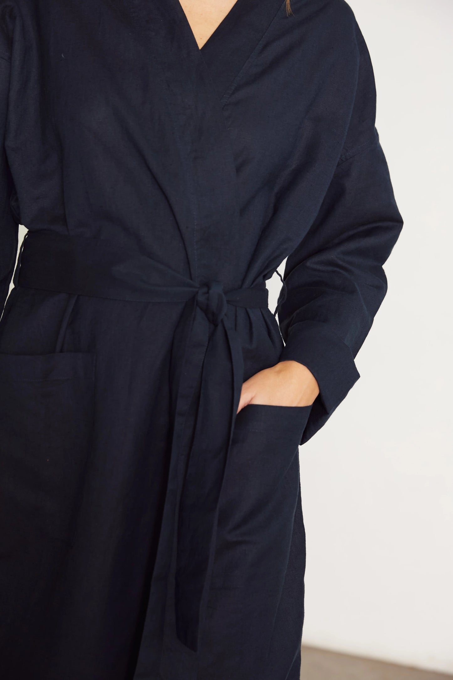 Linen Robe in Navy Blue - Bella Babe by SK Nightsuit-Nightdress-Robes-Silk-Satin-Nighty-Gown-Nightwear-Shorts-Pajamas-Nightsuit-for-women-men-bathrobe-Satin-dress-cotton- 