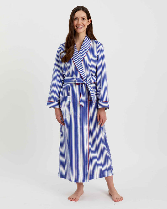 Oxford Stripe 100% Cotton Robe (Long) - Bella Babe by SK Nightsuit-Nightdress-Robes-Silk-Satin-Nighty-Gown-Nightwear-Shorts-Pajamas-Nightsuit-for-women-men-bathrobe-Satin-dress-cotton- 