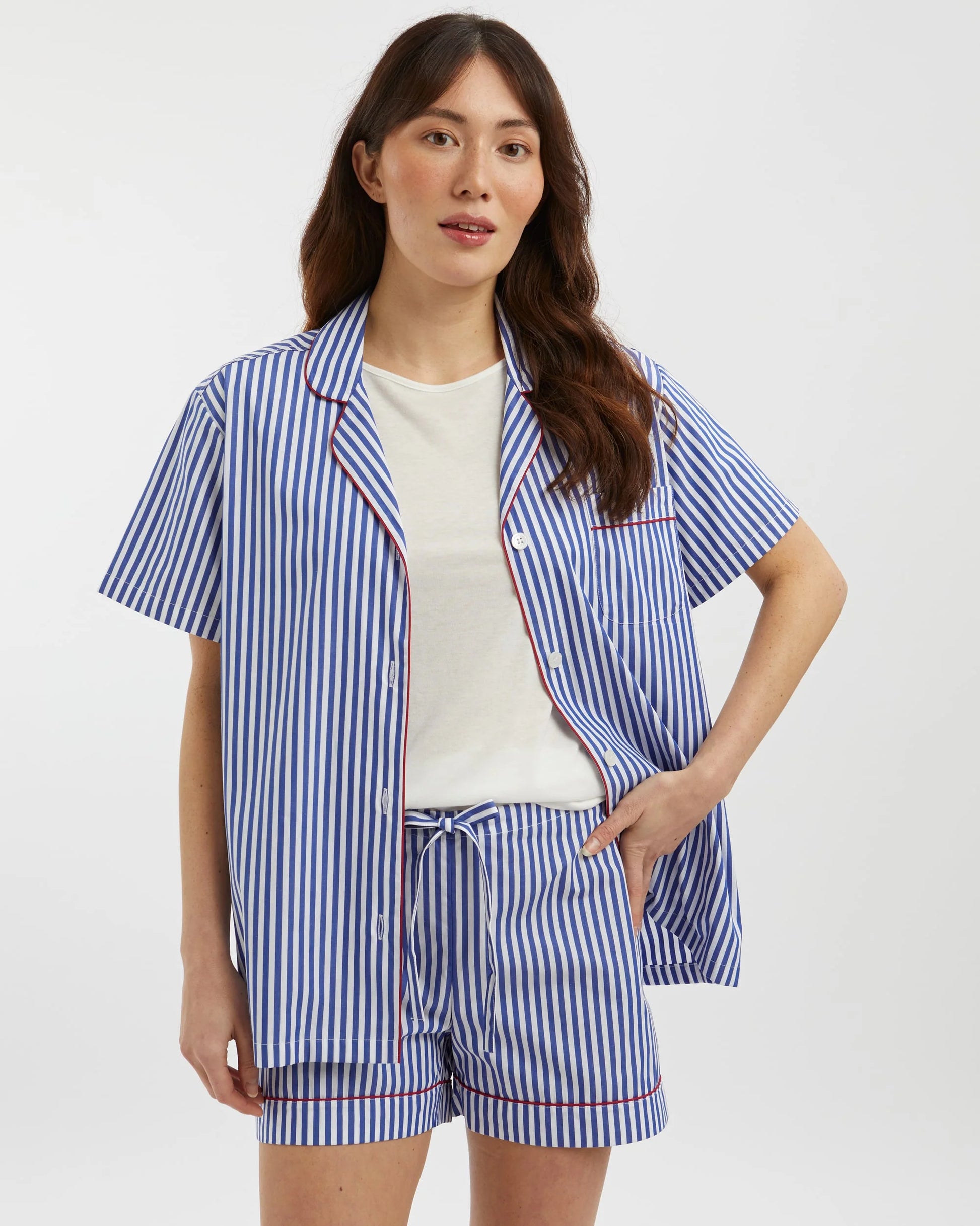 Shorts Set Oxford Stripe 100% Cotton - Bella Babe by SK Nightsuit-Nightdress-Robes-Silk-Satin-Nighty-Gown-Nightwear-Shorts-Pajamas-Nightsuit-for-women-men-bathrobe-Satin-dress-cotton- 