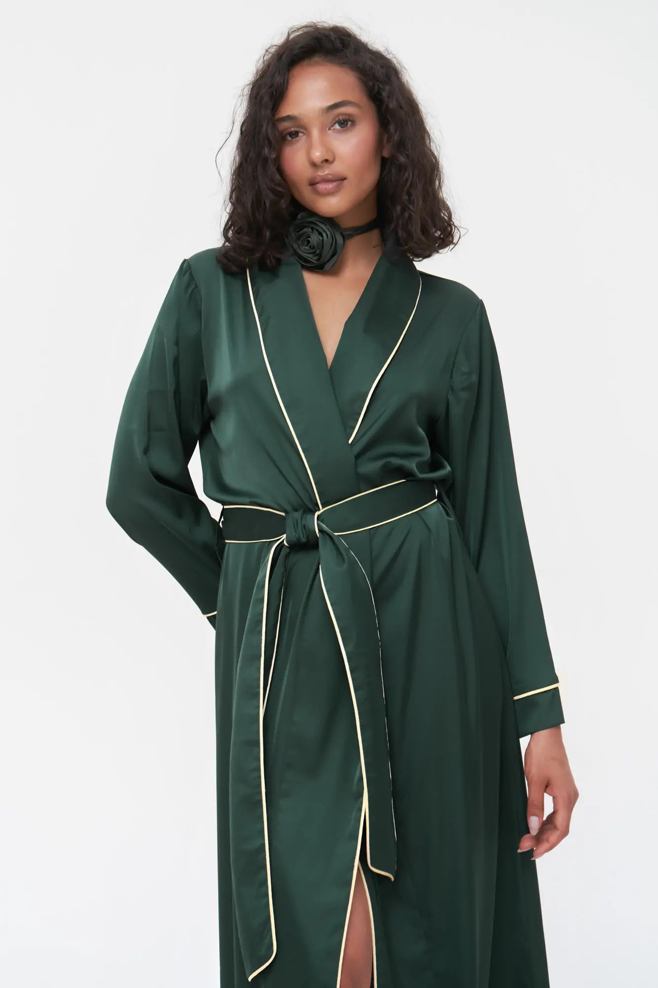 Long Satin Robe with Contrast Piping - Bella Babe by SK Nightsuit Nightdress Robes Silk Satin Nighty Gown Nightwear 