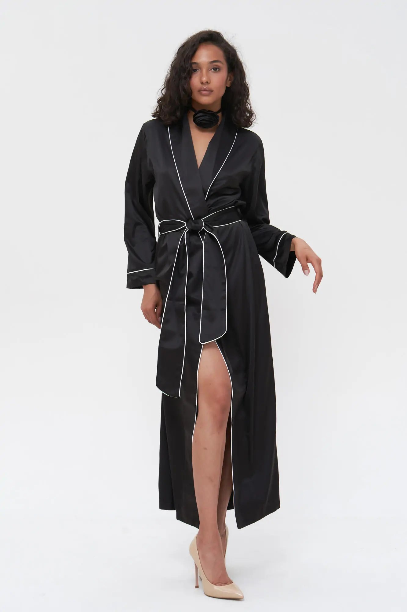 Long Satin Robe with Contrast Piping - Bella Babe by SK Nightsuit Nightdress Robes Silk Satin Nighty Gown Nightwear 