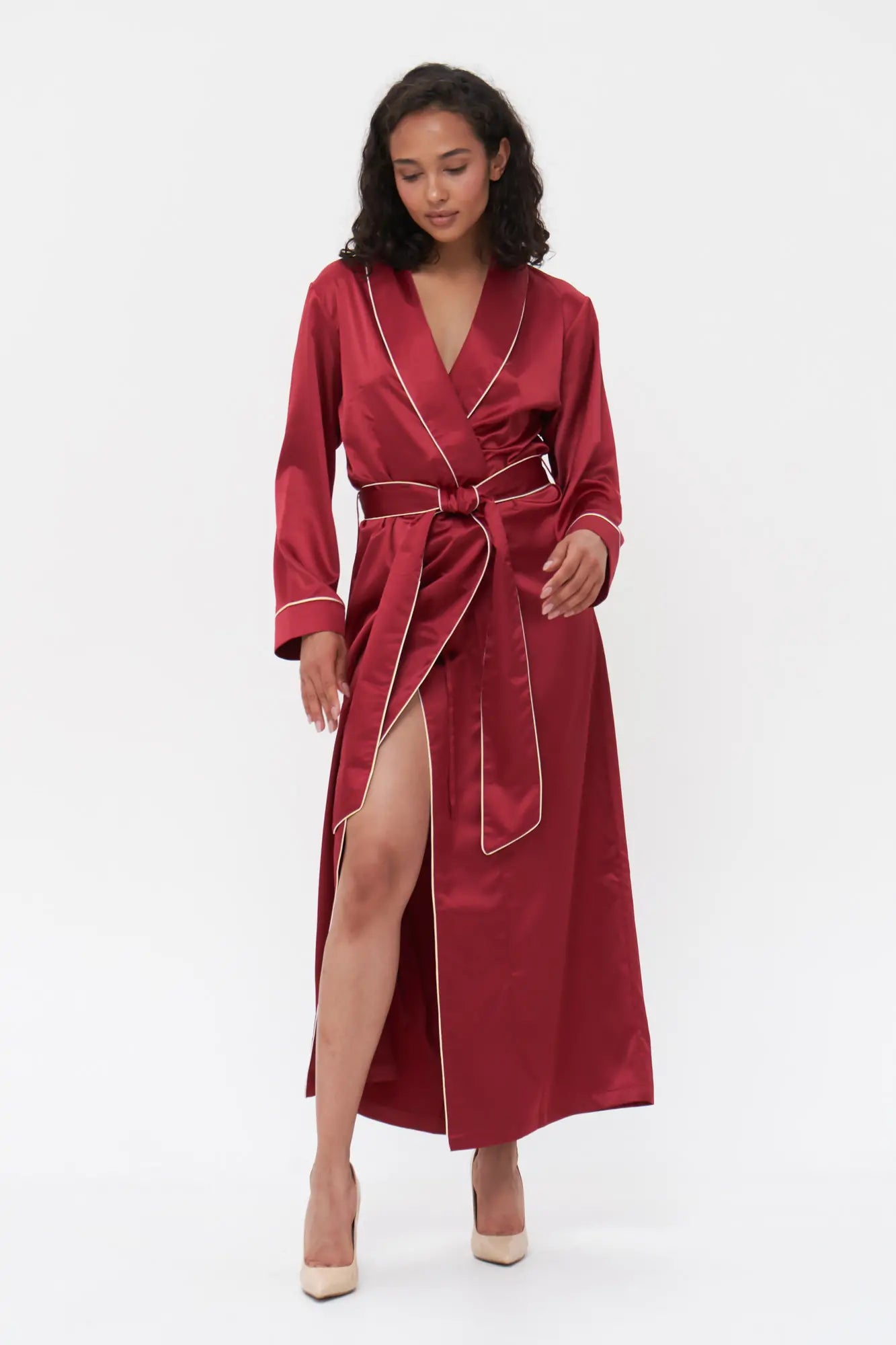 Long Satin Robe with Contrast Piping - Bella Babe by SK Nightsuit Nightdress Robes Silk Satin Nighty Gown Nightwear 