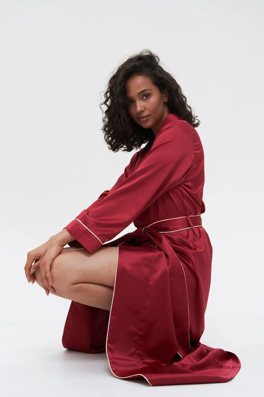 Long Satin Robe with Contrast Piping - Bella Babe by SK Nightsuit Nightdress Robes Silk Satin Nighty Gown Nightwear 