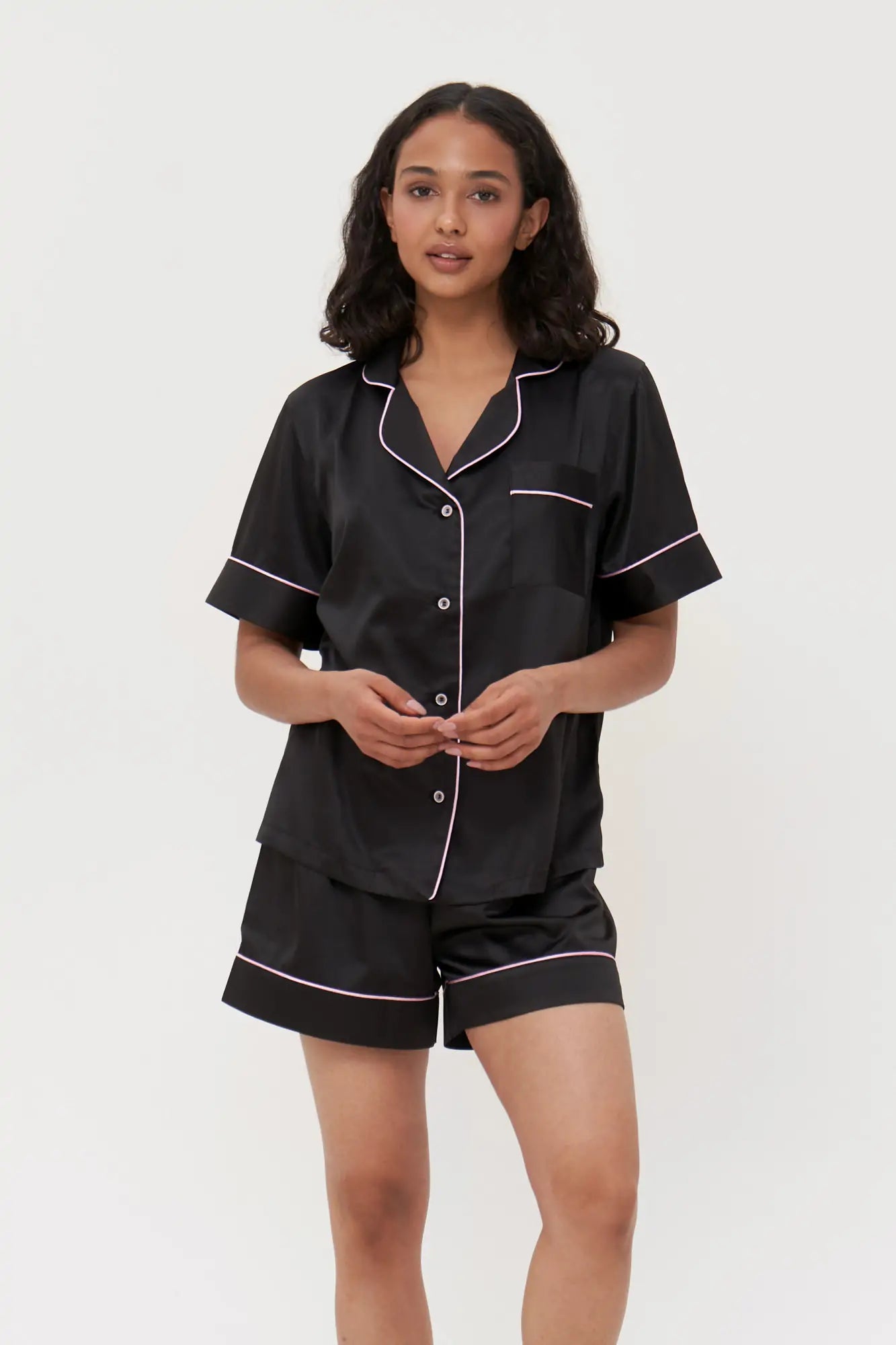 Shorts Set with Contrast Piping - Bella Babe by SK Nightsuit Nightdress Robes Silk Satin Nighty Gown Nightwear 