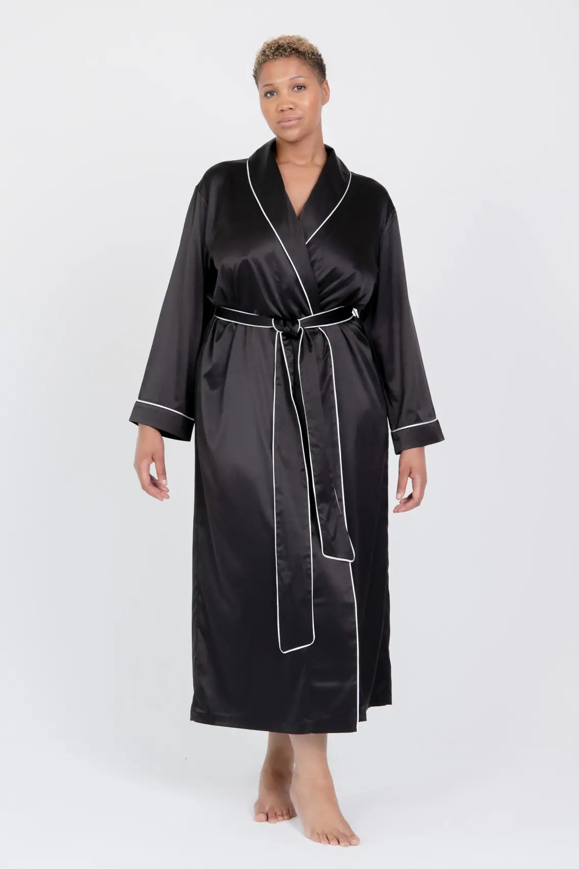 Long Satin Robe with Contrast Piping - Bella Babe by SK Nightsuit Nightdress Robes Silk Satin Nighty Gown Nightwear 